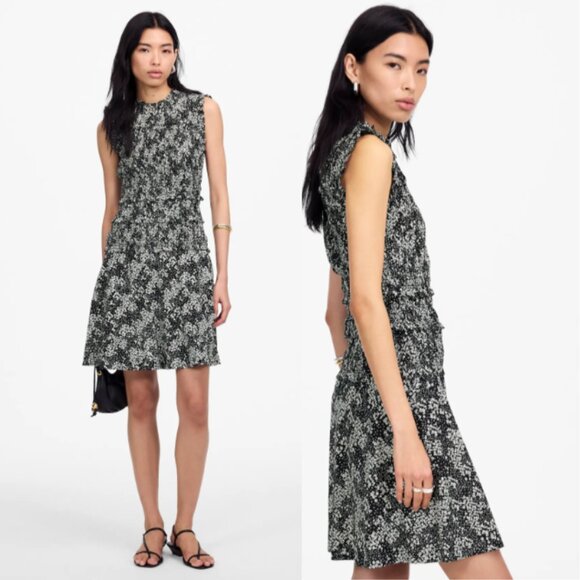 Madewell Smocked Crewneck Mini Dress NWT in Black Floral Size 10 - Picture 1 of 13